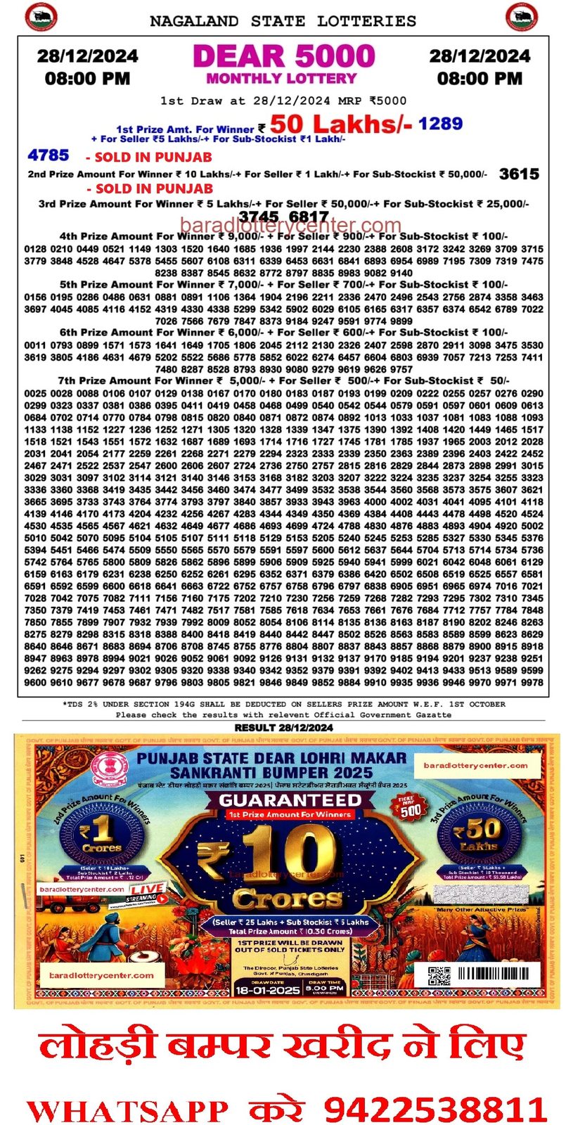 Dear 5000 Monthly Lottery Result Draw Date 28-12-24 8 PM lottery result
